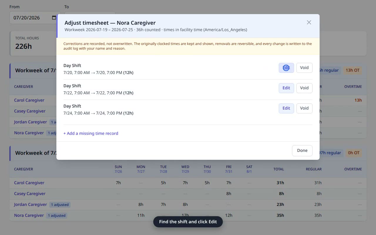 Make a Timesheet Correction — VentoFlo walkthrough