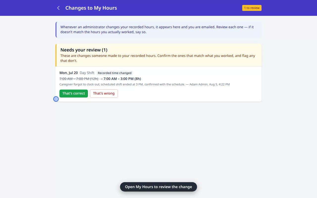 Confirm a Change to Your Hours — VentoFlo walkthrough