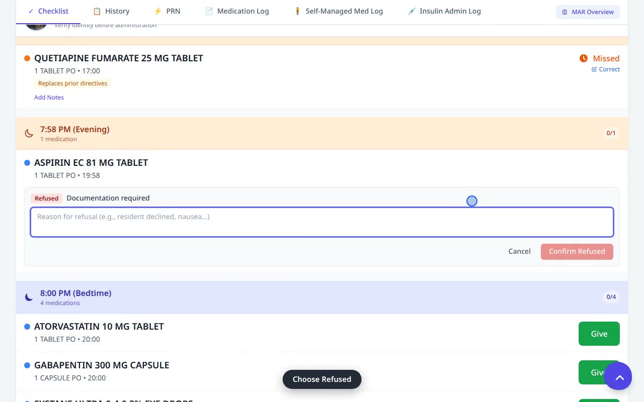 Record a Medication Refusal — VentoFlo walkthrough