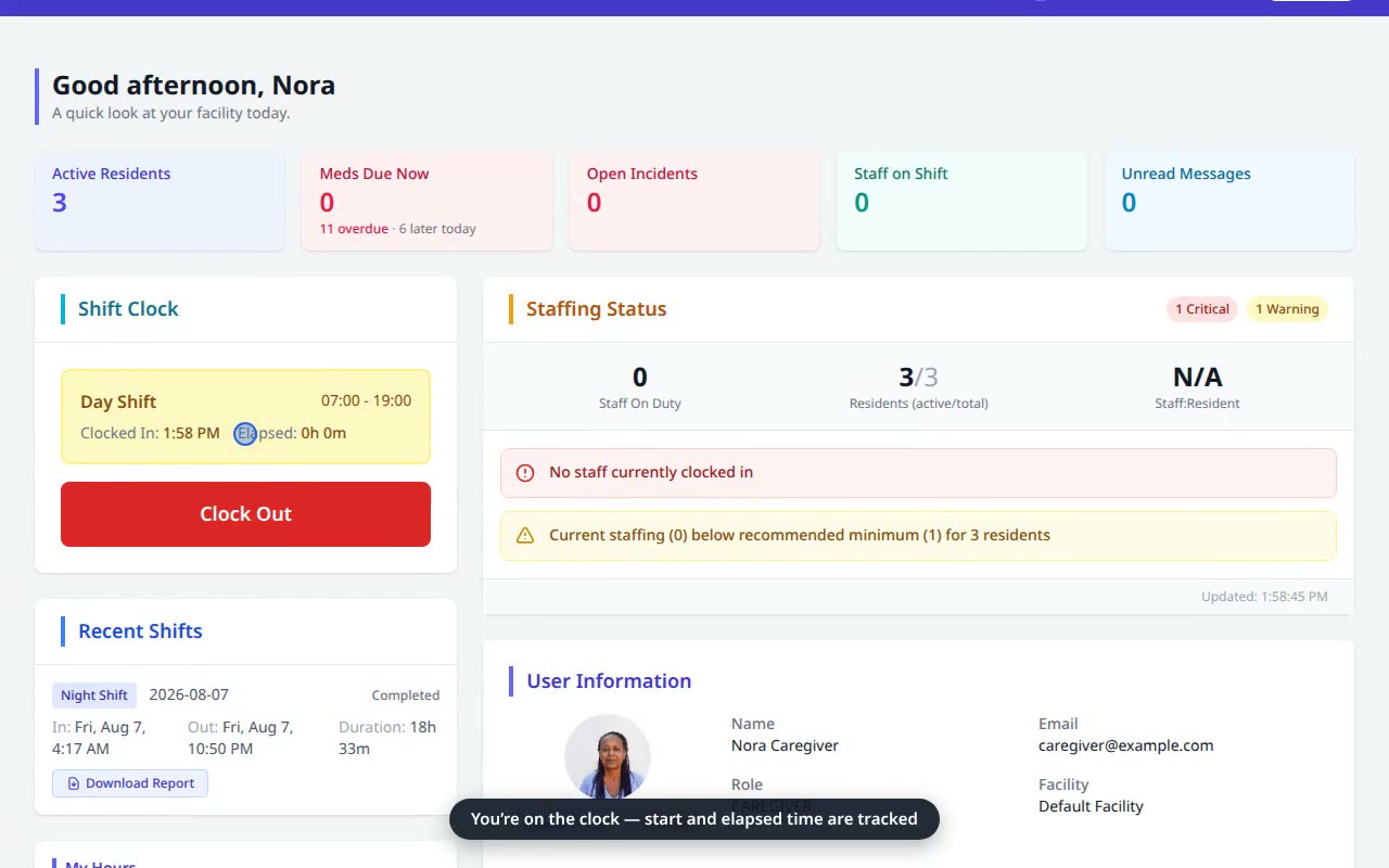 Clock In for a Shift — VentoFlo walkthrough