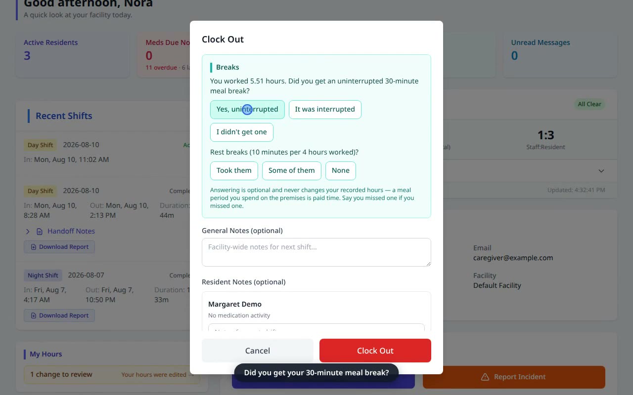 Clock Out & Attest Your Breaks — VentoFlo walkthrough