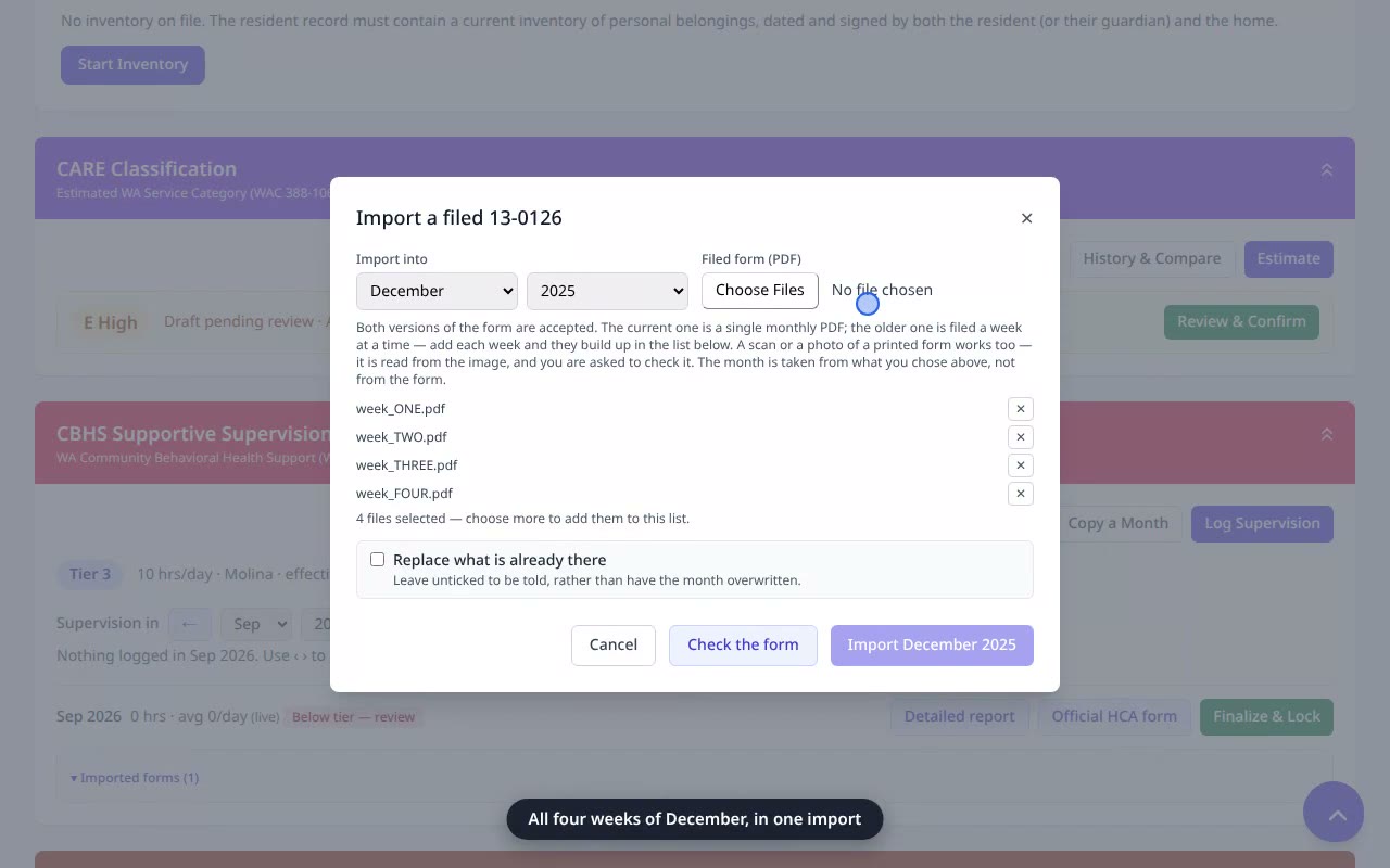 Import the older weekly 13-0126 (several files per month) — VentoFlo walkthrough