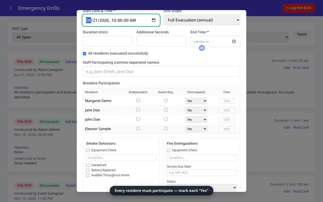 Log a Fire Drill — VentoFlo walkthrough