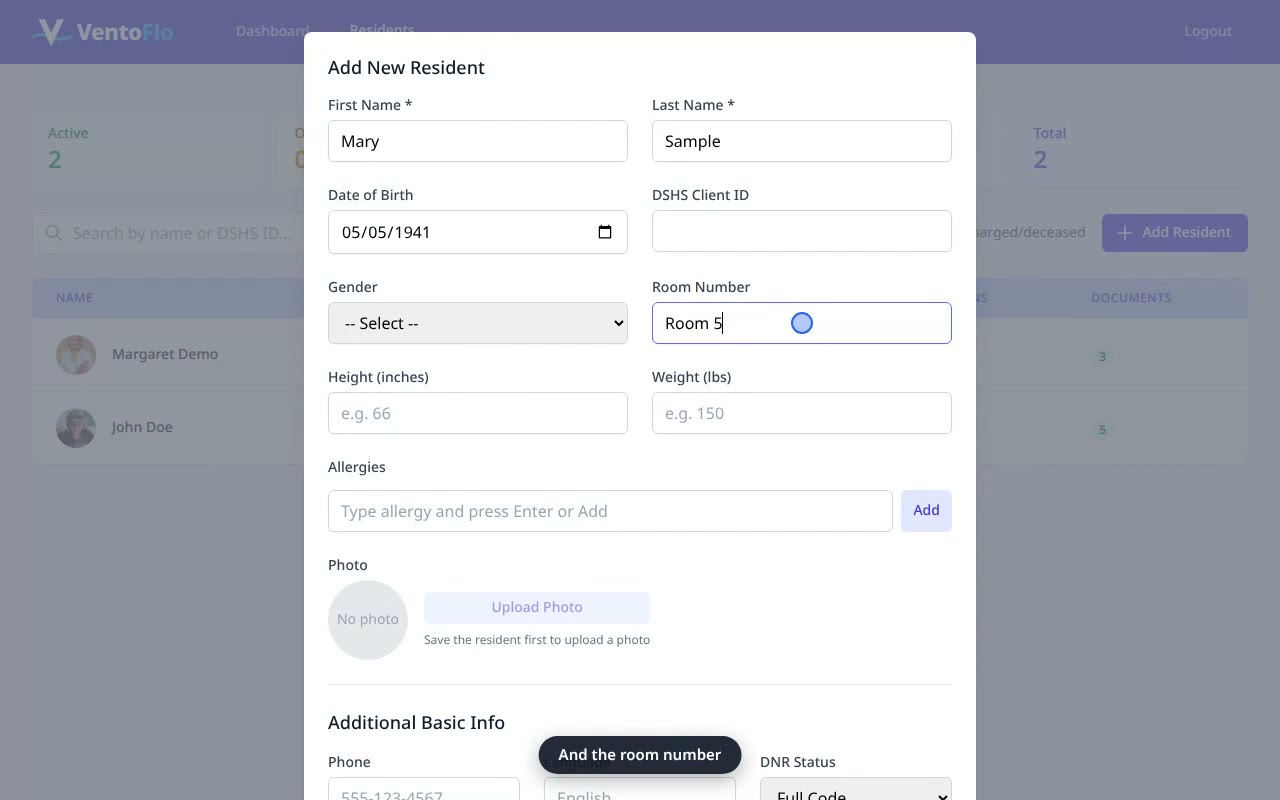 Add a Resident — VentoFlo walkthrough